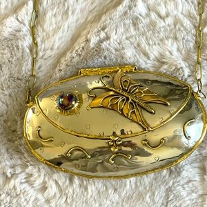 Rare Lunacy Gold Metal Art Purse w/ Butterfly, Hearts & Stone great condition